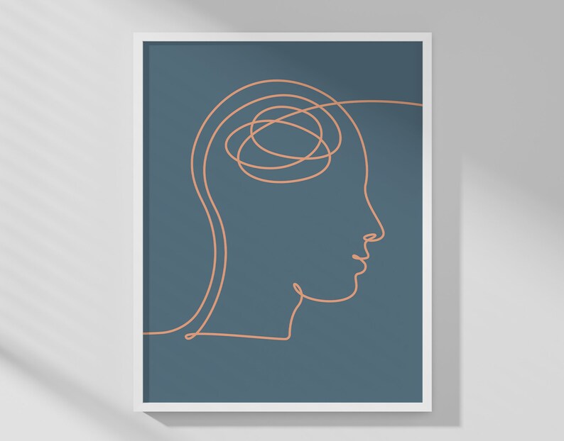 May include: A framed art print featuring a minimalist line drawing of a human profile in peach against a teal background. The artwork depicts a head with a tangled line representing thoughts. The white frame adds a clean, modern aesthetic.