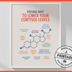 Puede incluir: Un póster enmarcado con el texto "NATURAL WAYS TO LOWER YOUR CORTISOL LEVELS." El póster incluye un diagrama y consejos como "Deep Breathing Exercises" y "Reduce Caffeine Intake." Un gráfico circular "Download Printable Digital Poster" está en la parte inferior derecha.