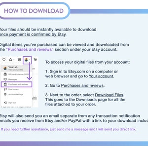 Puede incluir: Una gu&iacute;a digital sobre c&oacute;mo descargar archivos de Etsy, con un fondo azul claro y morado. La gu&iacute;a incluye capturas de pantalla e instrucciones sobre c&oacute;mo acceder a la secci&oacute;n "Compras y rese&ntilde;as" para descargar art&iacute;culos digitales.