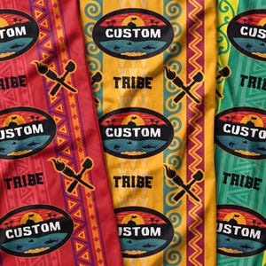 May include: A fabric featuring a repeating pattern of red, yellow, and green vertical panels with geometric shapes, swirls, and zigzags. The design includes oval emblems with the text CUSTOM, a sunset, palm trees, and sharks, plus crossed torches.