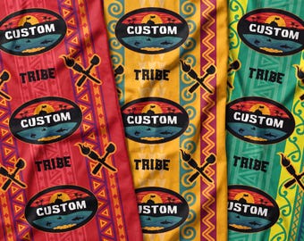May include: A fabric featuring a repeating pattern of red, yellow, and green vertical panels with geometric shapes, swirls, and zigzags. The design includes oval emblems with the text CUSTOM, a sunset, palm trees, and sharks, plus crossed torches.