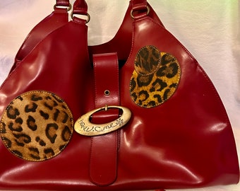 Leather bag, vintage bag, vintage fashion, leather bag, womans gift, gift for her, red bag, leopard print bag, tote bag, red leather