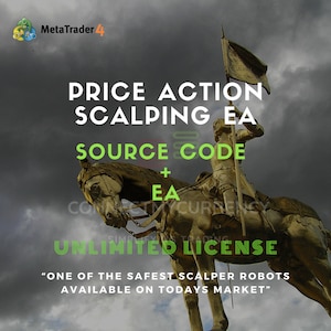 Puede incluir: Una estatua dorada de un caballero a caballo con una bandera, contra un cielo tormentoso. El texto "Price Action Scalping EA Source Code + EA Unlimited License" se muestra en verde y amarillo. El texto "One of the safest scalper robots available on today's market" se muestra en negro.