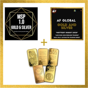 Peut inclure: Un graphique noir et or avec le texte "MSP 1.0 Gold & Silver The Short Term & Long Term Robot" et un signe plus. Sous le graphique, cinq barres d'or avec le texte "Credit Suisse One Ounce Fine Gold 999.9", "RG 1 Troy Oz Fine Gold 999.9", et "APMEX 1 Ounce 999.9 Fine Gold or Pur 3774".