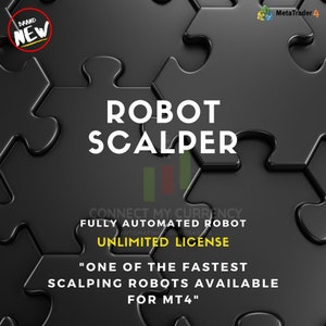 May include: A black and gray puzzle piece background with the text "ROBOT SCALPER" in white. The text "CONNECT MY CURRENCY" is below the title, followed by "FULLY AUTOMATED ROBOT" and "UNLIMITED LICENSE". The text "ONE OF THE FASTEST SCALPING ROBOTS AVAILABLE FOR MT4" is at the bottom of the image.