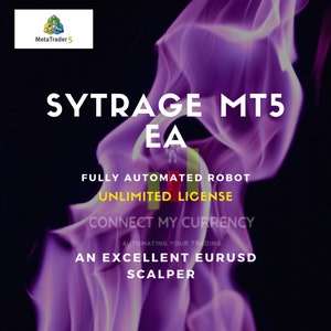 May include: Purple smoke background with the text "SYTRAGE MT5 EA" in white. Below the text is "FULLY AUTOMATED ROBOT", "UNLIMITED LICENSE", "CONNECT MY CURRENCY", "AUTOMATING YOUR TRADING", "AN EXCELLENT EURUSD SCALPER" in yellow.