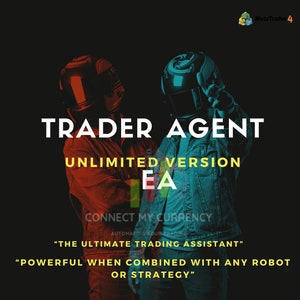 May include: A digital illustration of two figures wearing helmets, with the text "TRADER AGENT UNLIMITED VERSION EA" and "CONNECT MY CURRENCY AUTOMATING YOUR TRADING" in yellow text. The text "THE ULTIMATE TRADING ASSISTANT" and "POWERFUL WHEN COMBINED WITH ANY ROBOT OR STRATEGY" is also in yellow text.