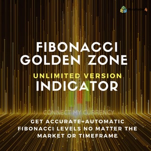 May include: A graphic with a yellow and orange background with vertical lines. The text "FIBONACCI GOLDEN ZONE UNLIMITED VERSION INDICATOR" is in white text. The text "GET ACCURATE+AUTOMATIC FIBONACCI LEVELS NO MATTER THE MARKET OR TIMEFRAME" is in white text.