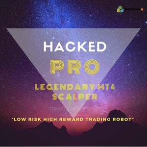 Può includere: Una grafica con un triangolo bianco su uno sfondo stellato viola e blu. Il testo "HACKED PRO" è in giallo con un doppio contorno. Sotto il testo c'è "LEGENDARY MT4 SCALPER" in giallo. Il testo "CONNECT MY CURRENCY" è in bianco e parzialmente oscurato dal triangolo. Il testo "LOW RISK HIGH REWARD TRADING ROBOT" è in bianco nella parte inferiore dell'immagine.