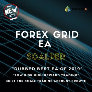 Può includere: Una grafica blu e gialla con il testo "FOREX GRID EA SCALPER" e il testo "DUBBED BEST EA OF 2019" e "LOW RISK HIGH REWARD TRADING" e "BUILT FOR SMALL TRADING ACCOUNT GROWTH".
