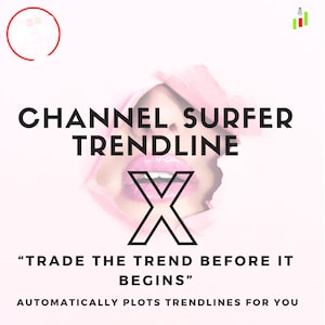 May include: A pink and white graphic with the text "CHANNEL SURFER TRENDLINE" and a large black "X" in the center. The text "TRADE THE TREND BEFORE IT BEGINS" is below the "X" and the text "AUTOMATICALLY PLOTS TRENDLINES FOR YOU" is below that.
