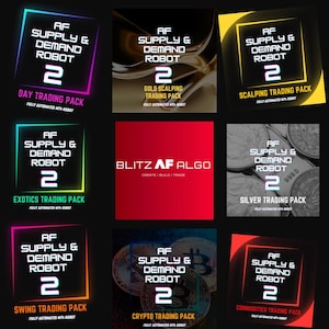 Peut inclure: Neuf carrés colorés avec le texte "AF Supply & Demand Robot 2" dans un cadre blanc avec un contour noir. Chaque carré a un nom de pack de trading différent : Day Trading Pack, Gold Scalping Trading Pack, Scalping Trading Pack, Exotics Trading Pack, Blitz AF Algo, Silver Trading Pack, Swing Trading Pack, Crypto Trading Pack et Commodities Trading Pack.