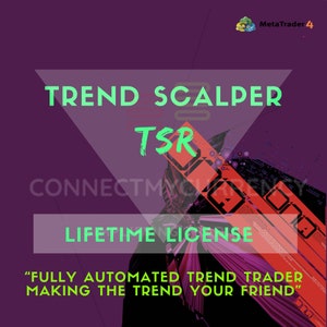 Può includere: Uno sfondo viola con un design geometrico rosso e nero. Il testo "TREND SCALPER TSR" è in lettere verdi. Il testo "CONNECT MONEY" è in lettere bianche. Il testo "LIFETIME LICENSE" è in lettere bianche. Il testo "FULLY AUTOMATED TREND TRADER MAKING THE TREND YOUR FRIEND" è in lettere verdi.