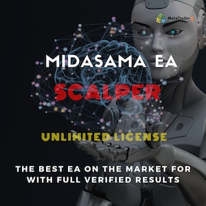 May include: A robot holding a glowing brain-shaped network of dots and lines. The text "MIDASAMA EA SCALPER UNLIMITED LICENSE" is displayed in red and yellow letters. The text "THE BEST EA ON THE MARKET FOR WITH FULL VERIFIED RESULTS" is displayed in white letters.