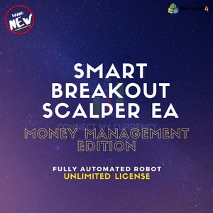 May include: A purple and blue background with stars. The text "SMART BREAKOUT SCALPER EA MONEY MANAGEMENT EDITION" is in yellow. Below the text is "FULLY AUTOMATED ROBOT UNLIMITED LICENSE" in white.