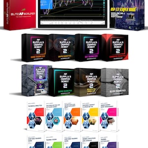 Peut inclure: Une collection de boîtes noires avec le texte "RF Supply & Demand Robot 2" et différents noms de packs de trading. Il y a aussi huit livres blancs avec le texte "MVIL Launch" et différents sujets de trading.