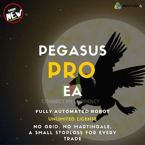 Può includere: Annuncio digitale per "Pegasus Pro EA" con una silhouette di pegaso su sfondo lunare. Il testo include "Robot completamente automatizzato" e "Licenza illimitata". Le parole "Brand New" sono in un cerchio in alto a sinistra.