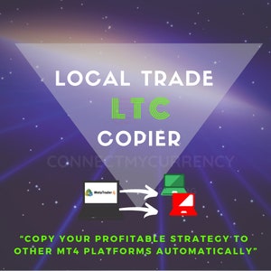 May include: A purple and green graphic with a white triangle in the center. The text "LOCAL TRADE LTC COPIER CONNECTMYCURRENCY" is in the triangle. Two computer icons are shown with arrows between them. The text "COPY YOUR PROFITABLE STRATEGY TO OTHER MT4 PLATFORMS AUTOMATICALLY" is at the bottom.