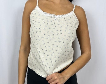 Floral Tank Top: Y2K Coquette Lace Trim Bow Detail