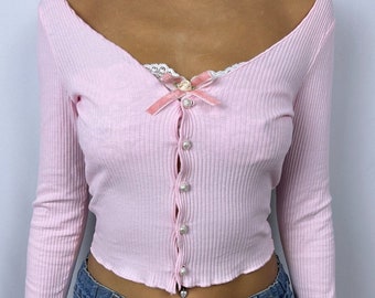 Pink Coquette Cardigan: Pearl Button, Lace & Bow Detail