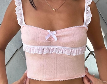 Handmade Pink Pointelle Knit Crop Top: Lacy Coquette Y2K Top
