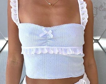 Handmade Baby Blue Pointelle Knit Crop Top: Lace Trim Coquette Y2K