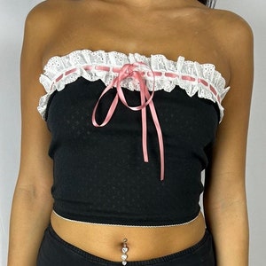 teddy tube top - women&#39;s crop top/black tube top with coquette lace trip and pink bow/y2k top