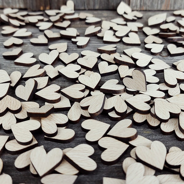 Mini coeurs en bois, lot de 100 pièces. Formes de 1 à 10 cm 0,4 po. 3,9 po. découpées au laser (avec trous en option) dans du bois de hêtre massif.