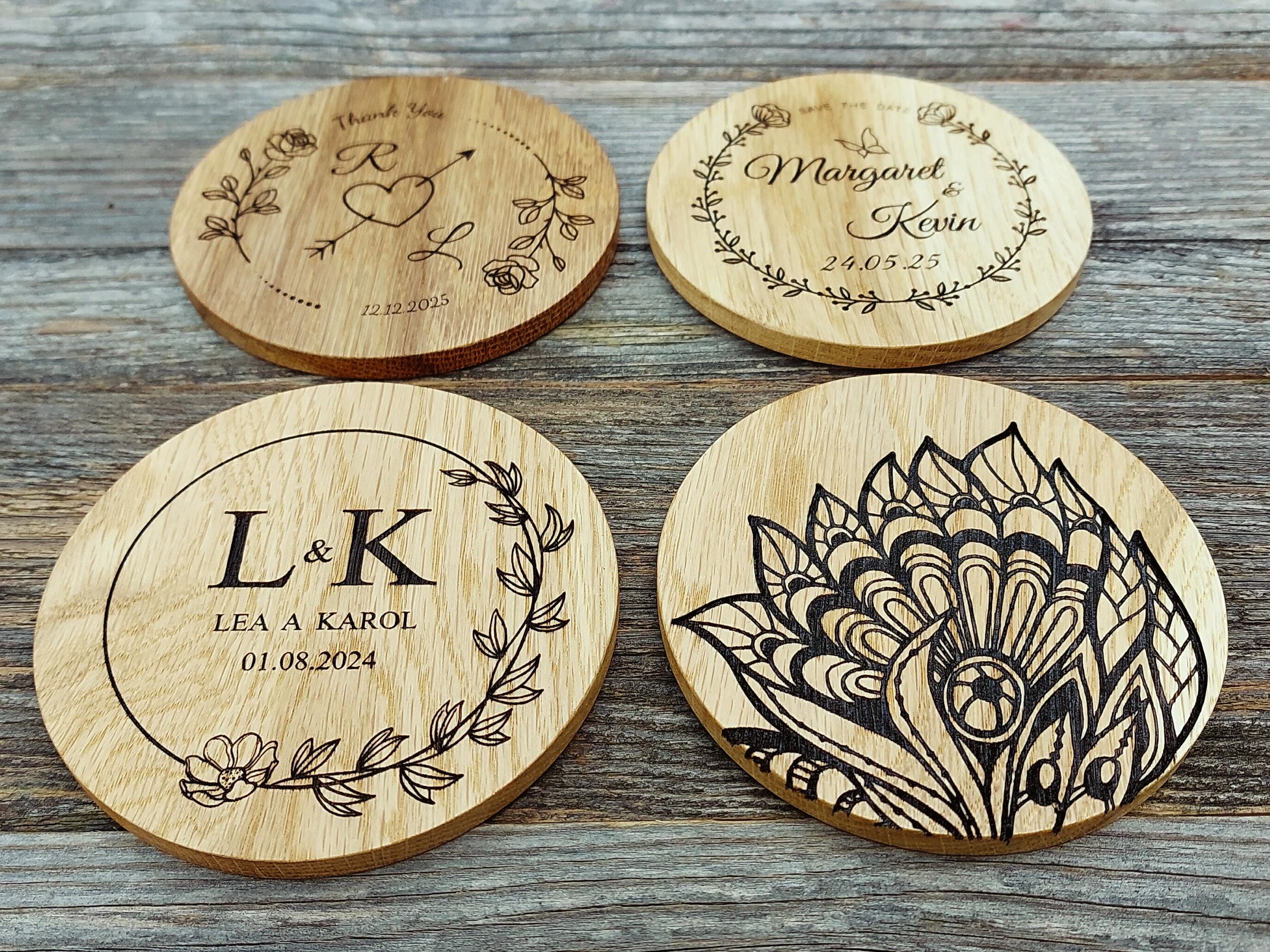 Custom Engraved Coasters, Personalized Wooden Set, oak, polished, beeswax, engrave, Wooden Coaster, Engrave, Bar, Wedding, Custom Wood