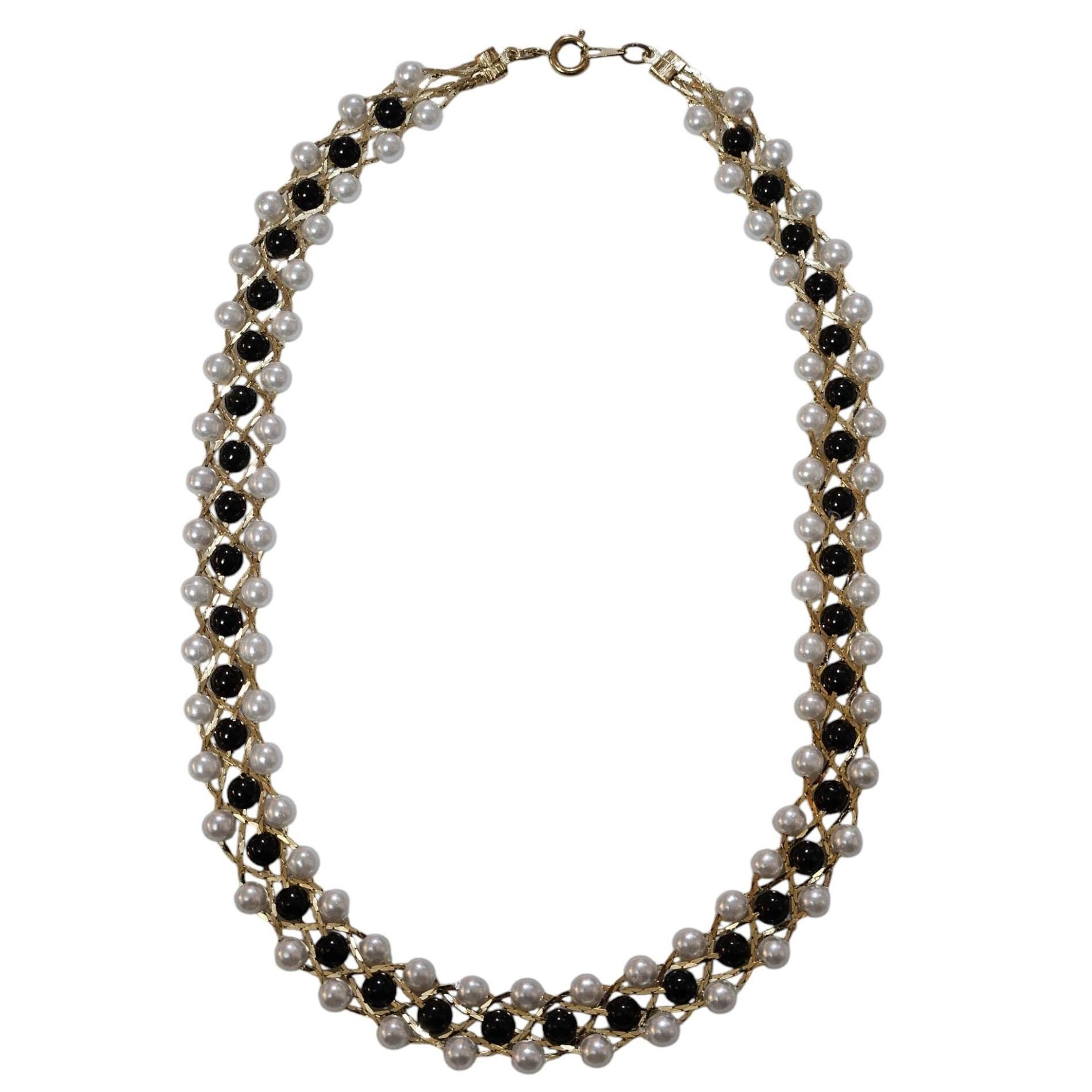 Vintage French Braid Necklace: Pearl & Black Bead Choker