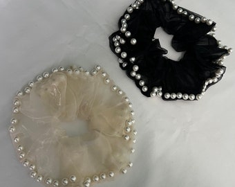 Pearl Trim Edge Soft Large Scrunchies Organza Hair Ties Band Black Cream Elastic Bobbles Scrunchy Ponytail Holder Accessories