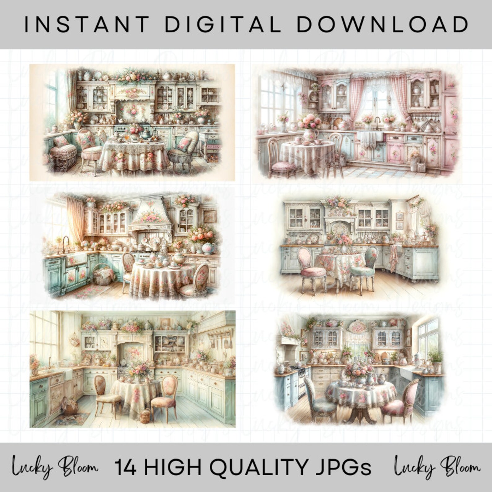 14 Dreamy Chic Kitchen Clip Art Set Watercolour Jpgs Digital Download ...