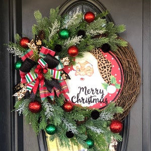Leopard Santa Christmas wreath, modern Santa wreath, leopard print Christmas wreath, red and green Christmas wreath
