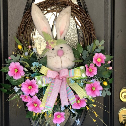 Easter bunny wreath, bunny shops wreath, spring wreath, floral wreath, pink floral, Easter egg,