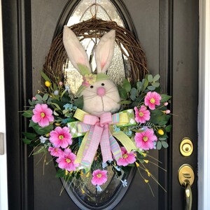 Easter bunny wreath, bunny wreath, spring wreath, floral wreath, pink floral, Easter egg,