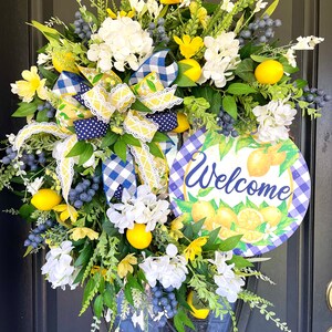 Lemon and blueberry wreath for front door,  blue and yellow summer wreath, lemon decor, blueberry decor