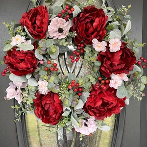 Lambs Ear Valentine&#39;s Day Wreath, Valentine Wreath for Front Door, Red and pink wreath, Valentine decor,