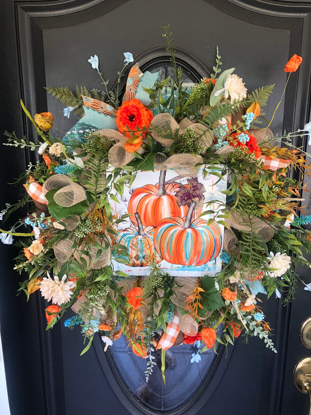 Large Decomesh Deco Mesh Pumpkin Wreath for Front Door, Teal and Orange ...
