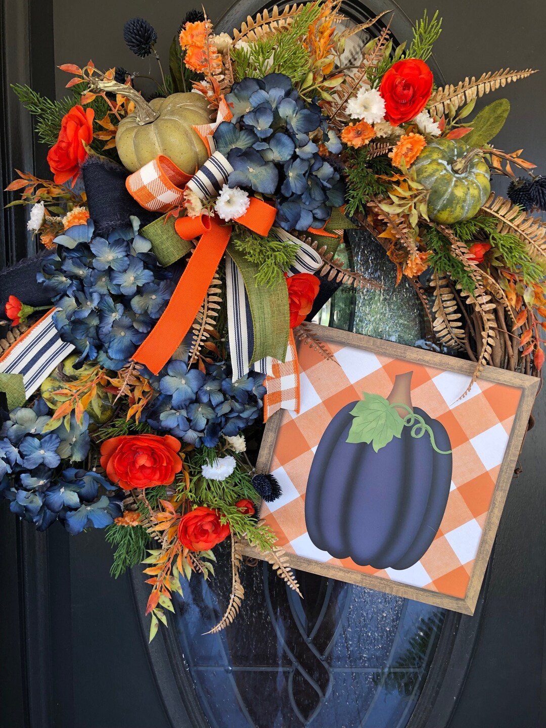 Fall Wreath for Front Door Navy and Orange, Navy Pumpkin Wreath, Fall ...
