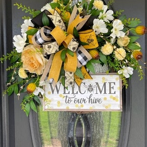 Welcome to Our Hive summer bee wreath for front door, floral bee wreath, summer wreath, bee decor, front porch decor,
