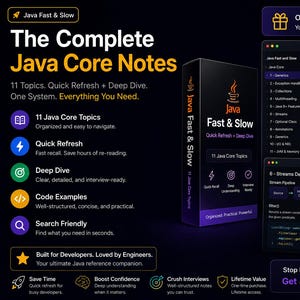 May include: A digital product display titled The Complete Java Core Notes, featuring a black box with the text Java Fast & Slow. The image includes screenshots of code examples for Generics, Streams, and Collections, with text highlighting 11 topics, quick refresh, deep dive, and lifetime access.