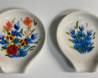 White Glazed Ceramic Spoon Rest with hand painted Texas Bluebonnets or Bluebonnets with Wildflowers.