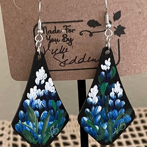 Drop Earrings with Bluebonnets or Roses Hand Painted