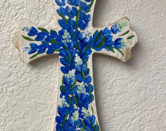 Hand Painted Texas Bluebonnet Cross 11”