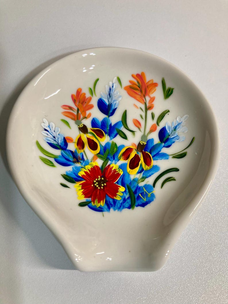 White Glazed Ceramic Spoon Rest with hand painted Texas Bluebonnets or Bluebonnets with Wildflowers.
