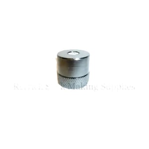 May include: A silver metal bottle stopper with a textured top and a knurled bottom.
