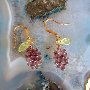 18K Gold plated GRAPE EARRINGS with green leaf | Retro Fruit Earring