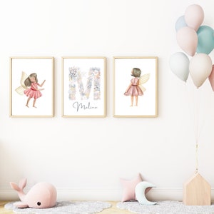 Set de 3 carteles con nombres personalizados con letras de flores y hadas, set de cuadros A4 decoración habitación infantil niñas, habitación infantil y habitación bebé