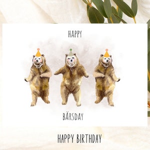 Happy  Bärsday Partybär Birthday Karte im Wasserfarben Look mit Tier Motiv mit Partyhut, cute birthday birthday card, happy birthday