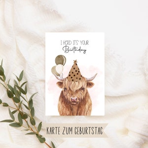J'entends que c'est ton anniversaire Carte d'anniversaire au look aquarelle avec motif animalier Taureau écossais avec chapeau de fête, anniversaire anniversaire
